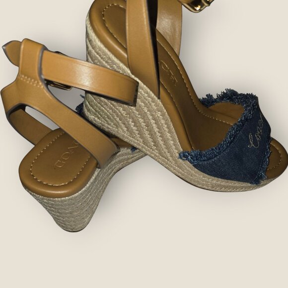 Coach Kelley Denim Espadrille Wedge Sandals - Tan Leather - Sz 6 - Picture 3 of 7
